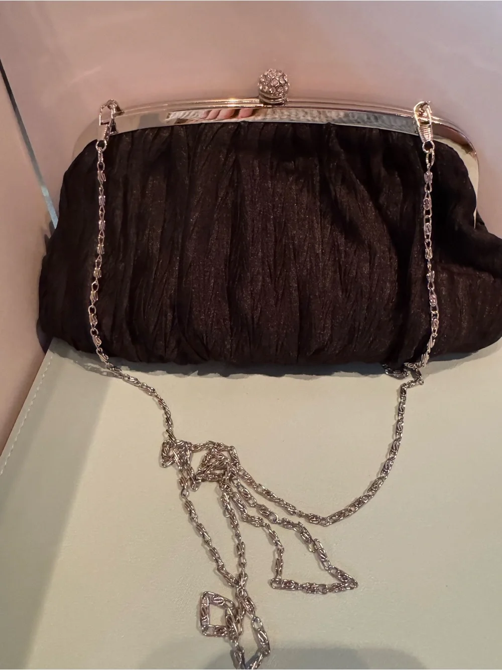 Neiman Marcus Vintage Elegant Black Evening Clutch with Silver Chain